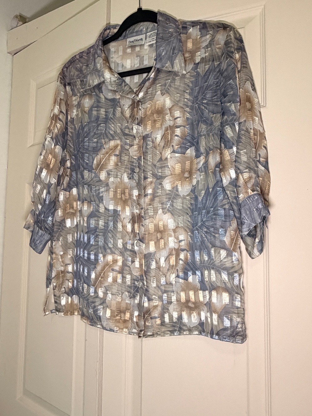 Bon Worth Blue and Tan Textured Floral Button-Up Blouse